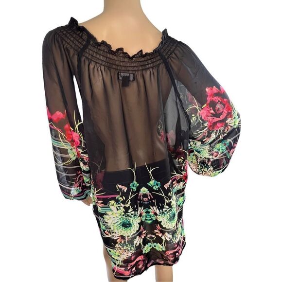 a.n.a Sheer Black 3/4 Sleeve Blouse With Floral Pattern - Picture 3 of 4